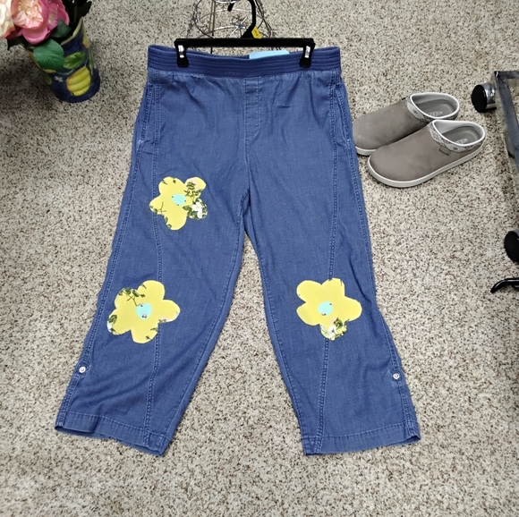 Chico's Other - 3919 Size 12/2 Upcycled Chico's Blue Capri Pants with Yellow Floral Appliqués